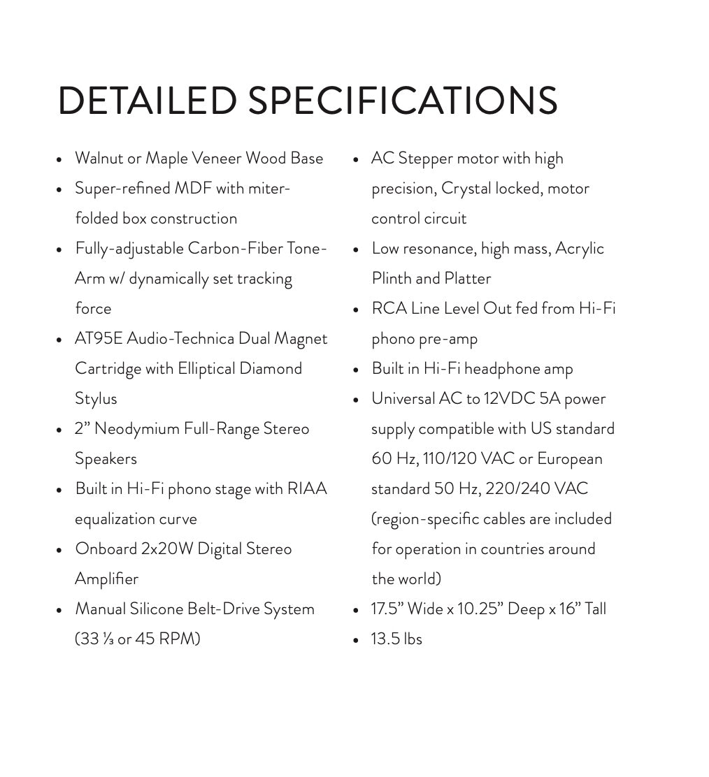 Gramovox "Classic" Floating Record vertical turntable specifications.