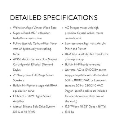Gramovox "Classic" Floating Record vertical turntable specifications.